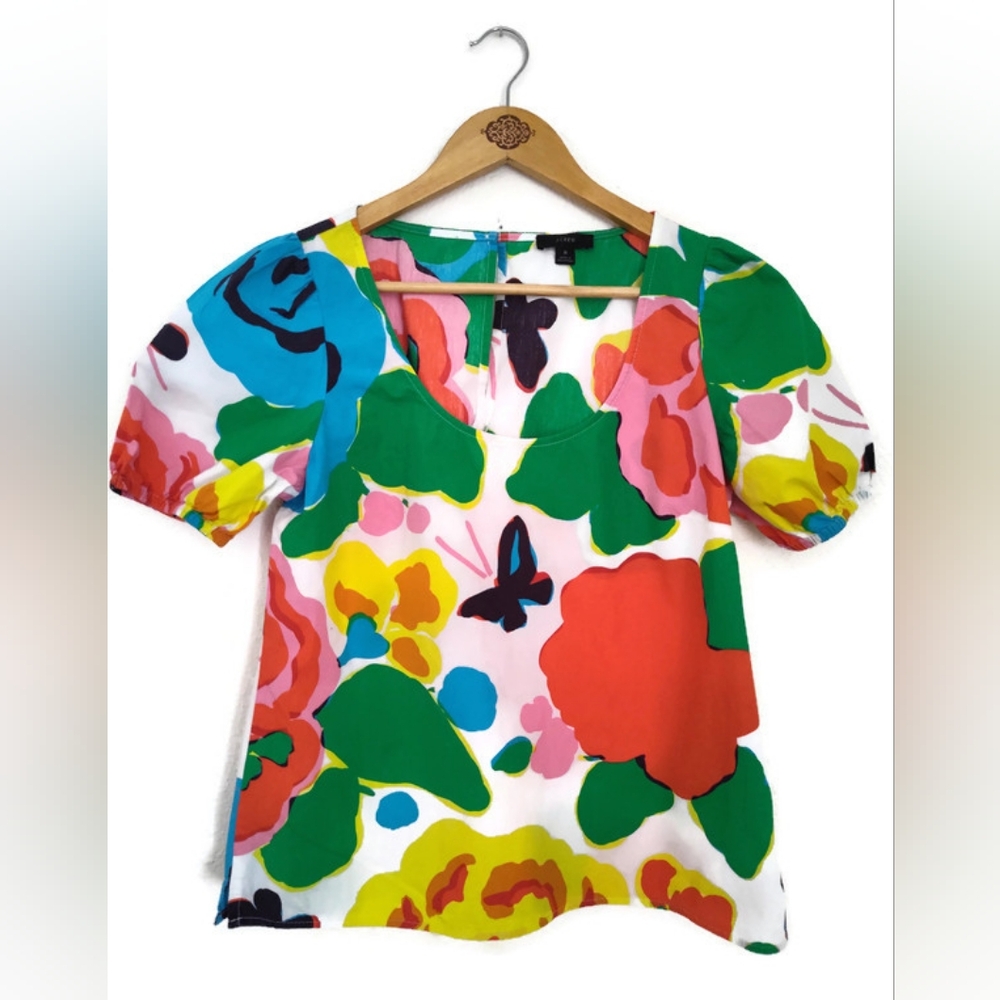 J. Crew Floral Scoop Neck Top in White, Green, Red, Pink, Yellow, Blue